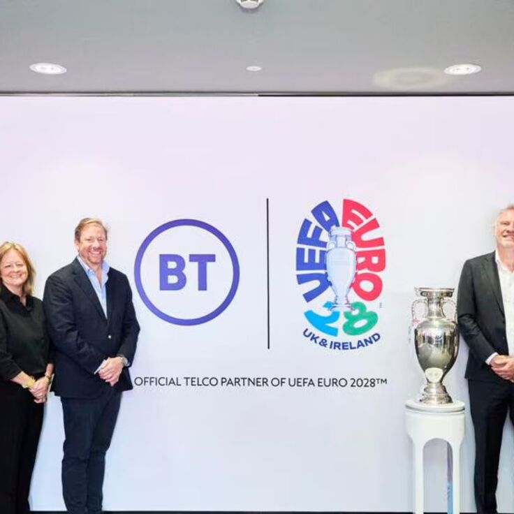 Jon James (CEO, BT Business), Claire Gillies (CEO, Consumer, BT Group), Allison Kirkby (CEO BT Group), Greg McCall (Chief Security & Networks Officer, BT), Guy-Laurent Epstein – Executive Director of Marketing, UEFA) and Chris Bryant (Managing Director, UK & Ireland 2028 Limited)